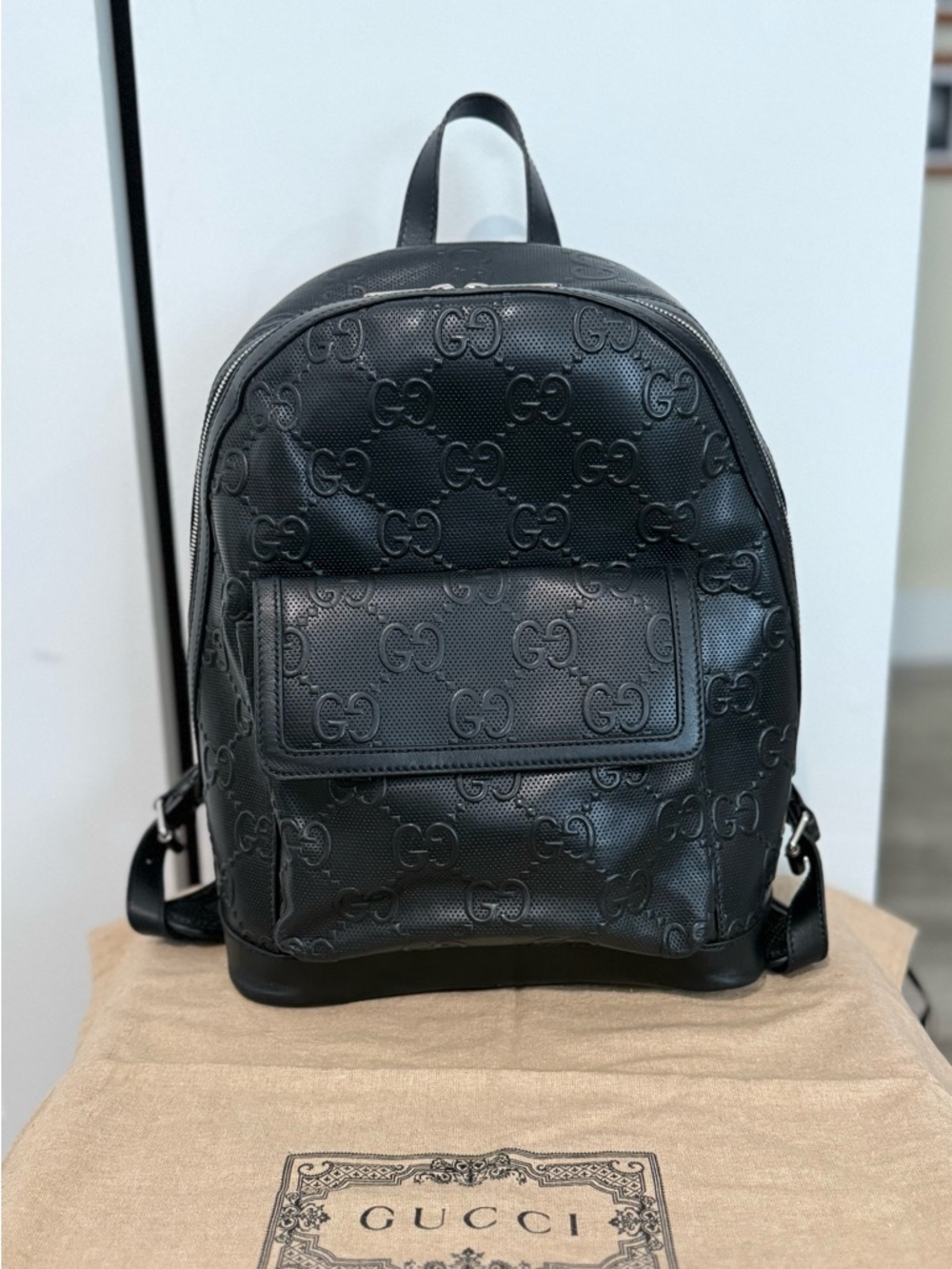 Gucci Black Perforated GG Leather Backpack